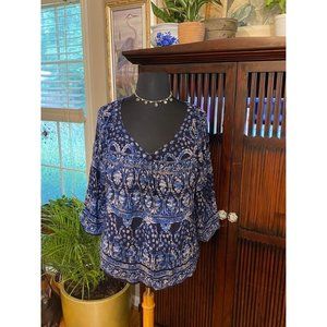 Size XXL Peasant Blouse Gauze Blue and White